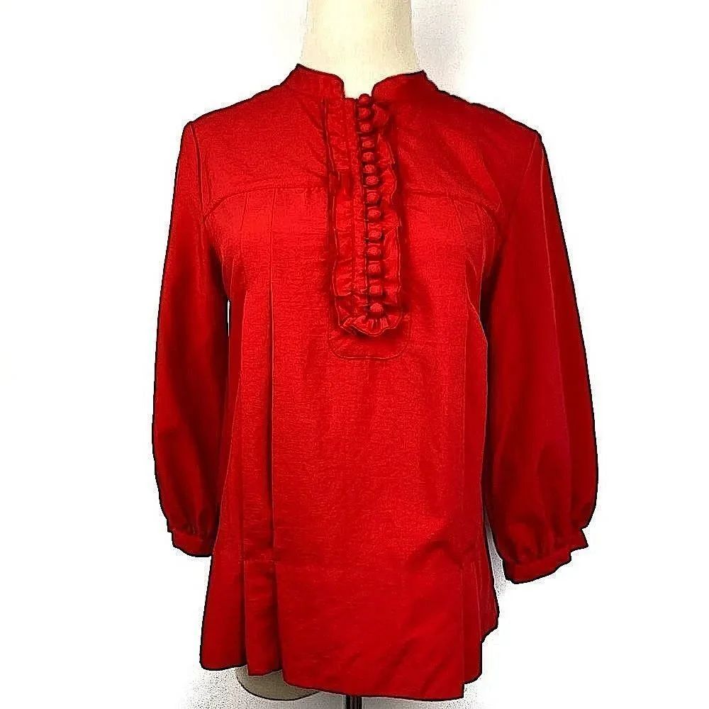 ATTENTION Red 3/4 Sleeve Pleated Ruffle Button Blouse Top